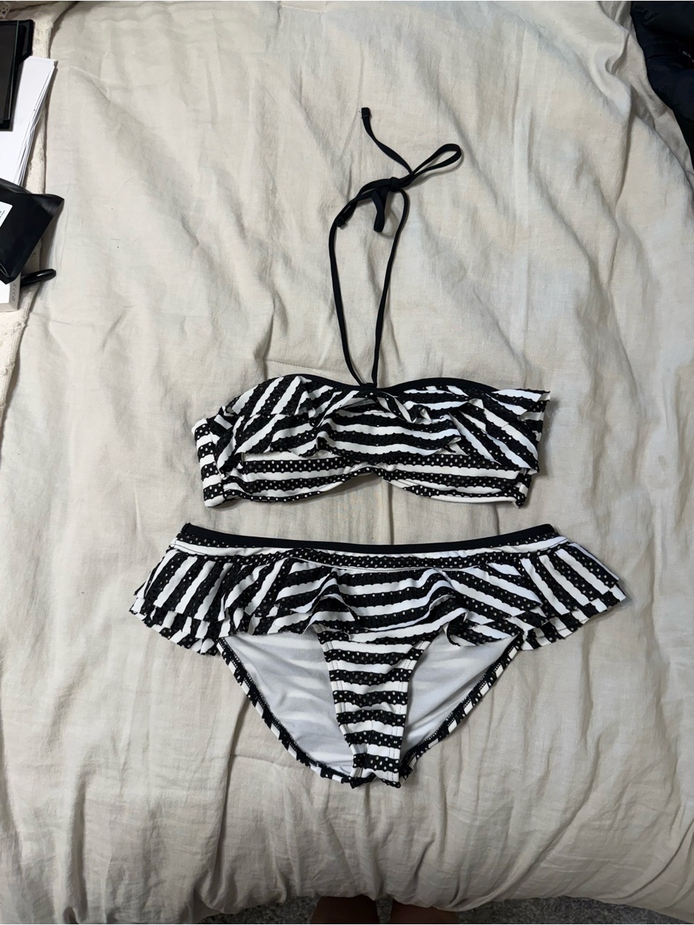 Kenneth Cole Reaction Black & White Stripe Ruffle Bikini Set